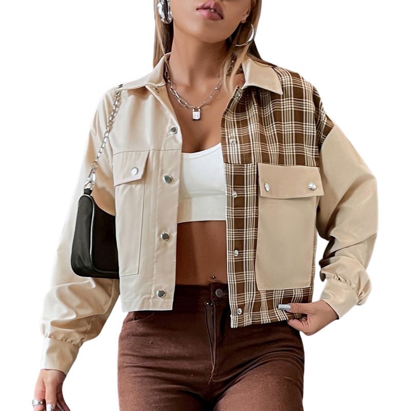 Women’s Casual Long Sleeve Cropped Cardigan Fashion Plaid Stitching Lapel Button Loose Coat with Pockets