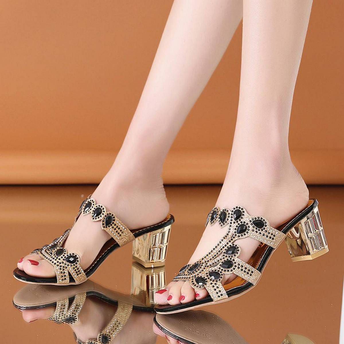 Korean Style Women Sandals Women's Ladies Bohemia Thick Crystal Roma Slipper Sandals Peep Toe Casual Shoes Fashion Shoes Work female shoes women shoes