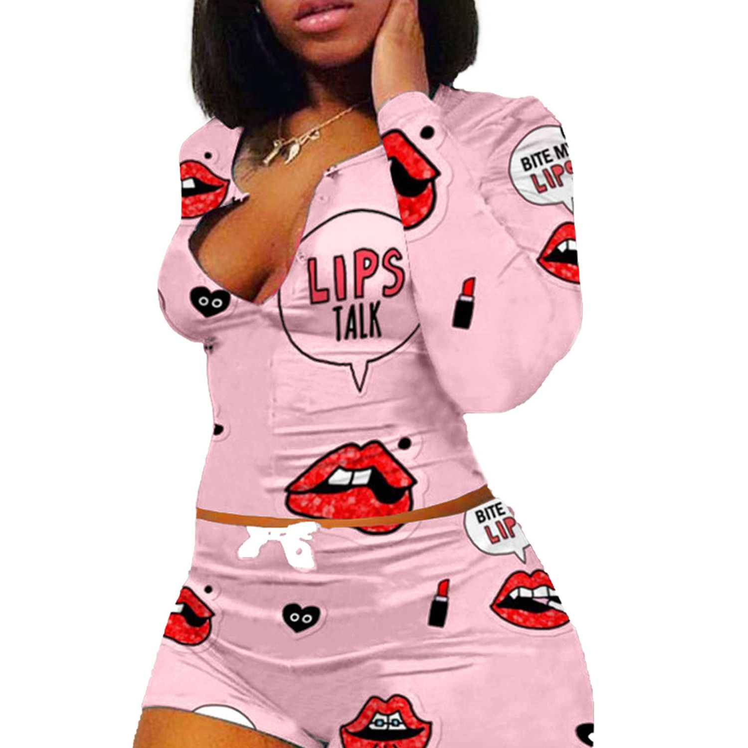 2021 2 Pieces Suit Set, Women’ s Floral Print Deep V-Neck Long Sleeve Top+ Shorts, S/M/L/XL/XXL