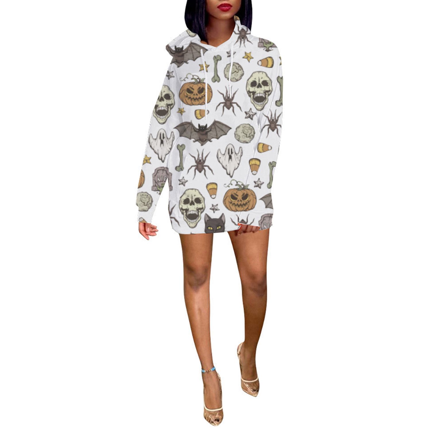 2021 Women's Halloween Personalized Print Long Hoodie, High Collar Long Sleeve Coat, Lace-up Tunic Top fo