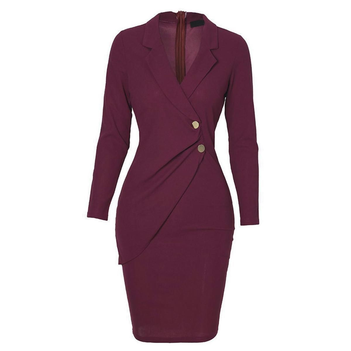 Women Pencil Dress Turndown Collar Pure Color Zipper Blazer Dress