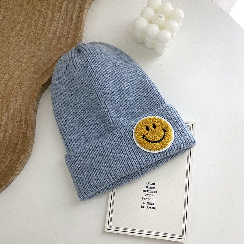 Hat Female Smiley Face Labeling Couple Knitted Hat Fashion Winter Thick Hedging Warm Knitted Hat Men And Women Woolen Hat