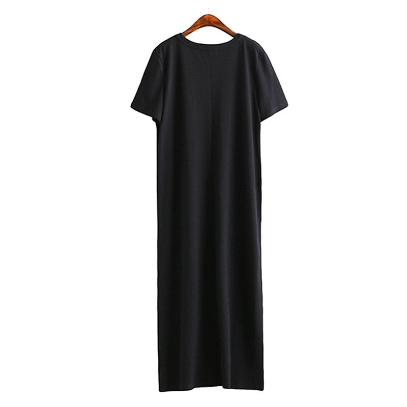 Women Summer Cotton Long Plus Size Sexy Side Slit Casual Maxi T-Shirt Dress Girls O-Neck Short Sleeve Slim Black Beach Maxiskirt