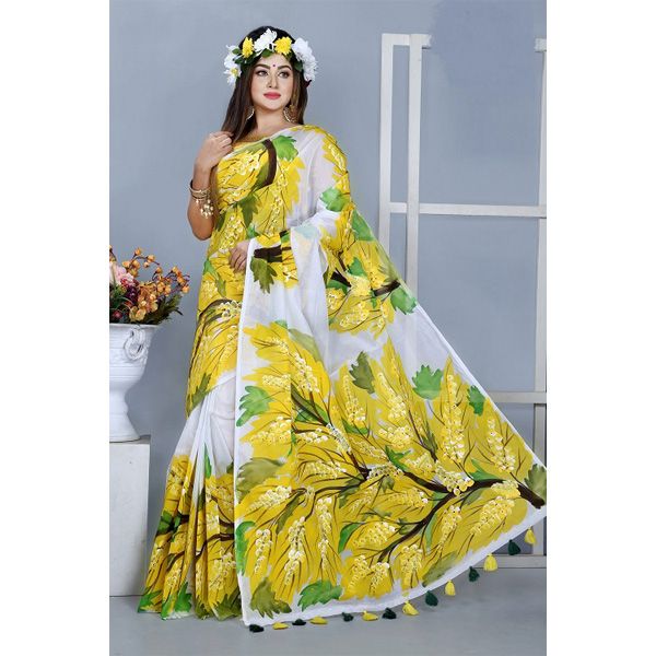 Boisakhi BASUNTI MUSLIN SILK  SHAREE WITH HAND PAINT WORK, BLOUSE PIECE INCLUDED, COLOR AS GIVEN PICTURE