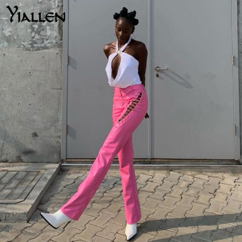 Hollow Out Bandage Hipster Straight Trousers Women Faux PU Leather Solid Fashion Street Style Pants Female Hot