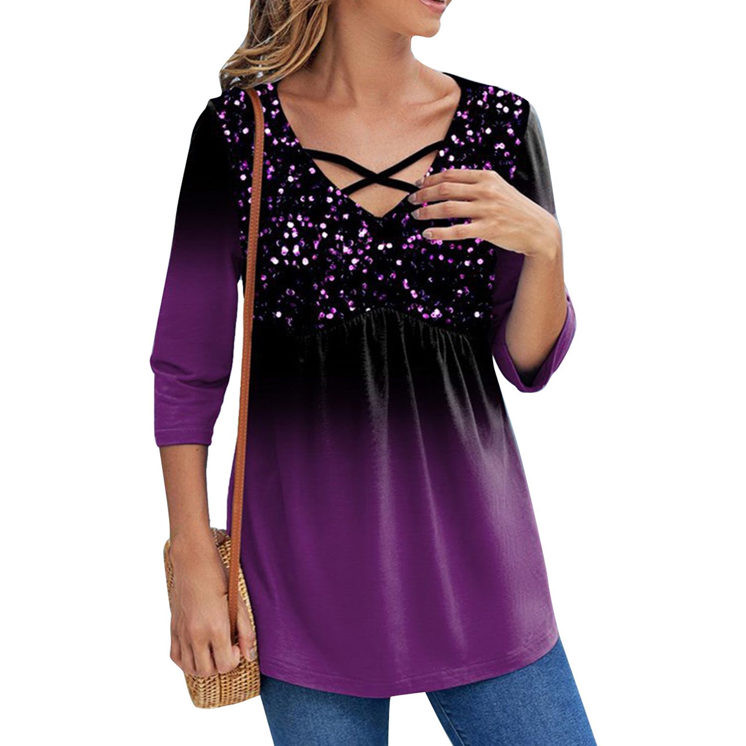 Pullover Top Washable Hollow Decorative Printed Women T-shirt
