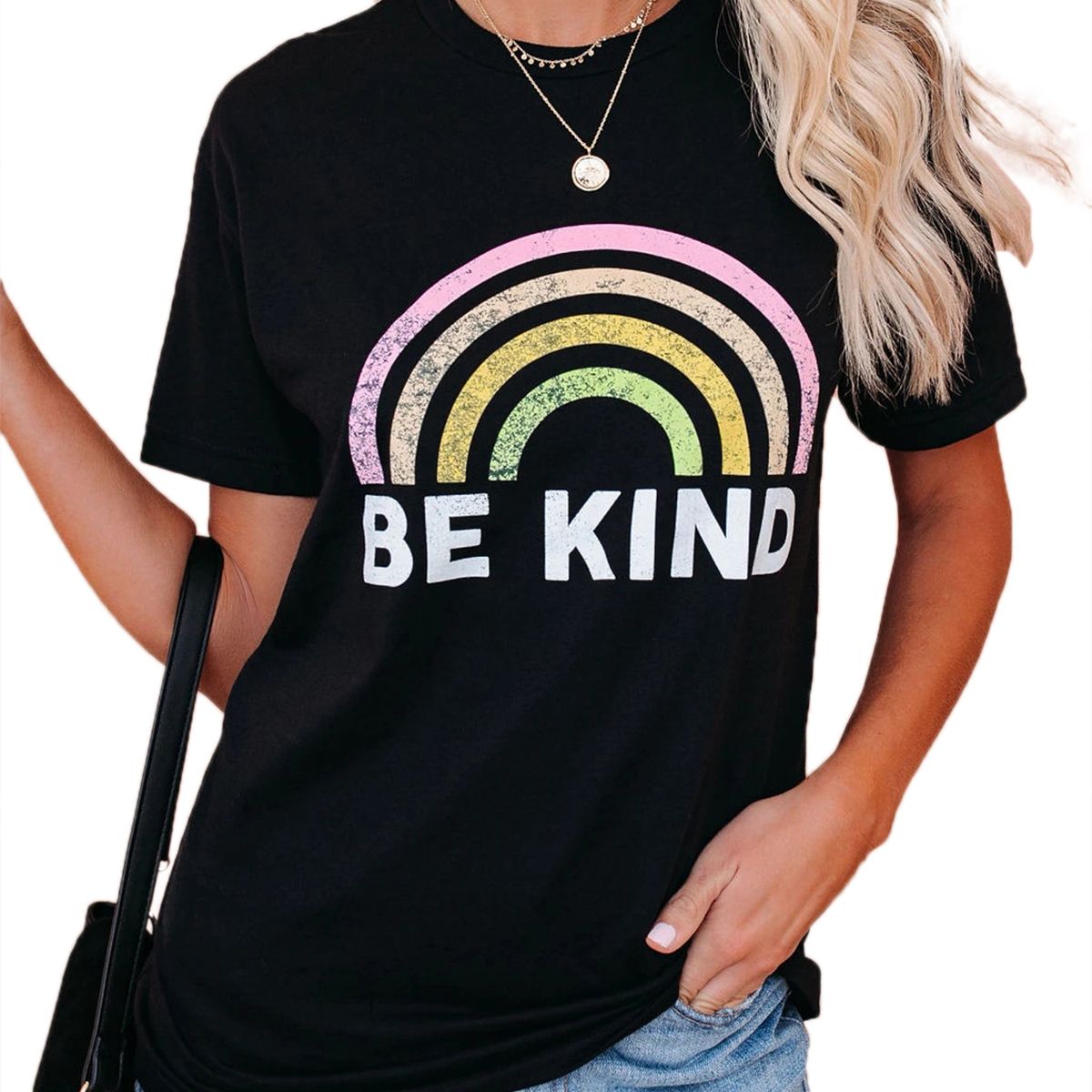 New Women Short Sleeve Rainbow Print T-shirt Summer Casual Round Neck Letter Print Top for Ladies