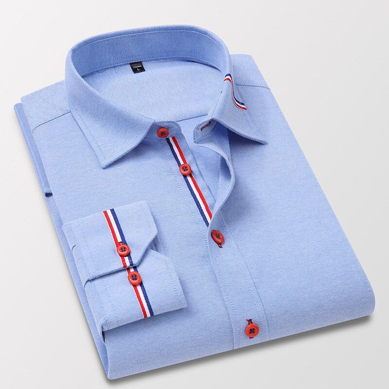 Quality Men's Long Sleeve Oxford Striped Casual Shirt Front Patch Regular-fit Button down Collar Thick Work Shirts