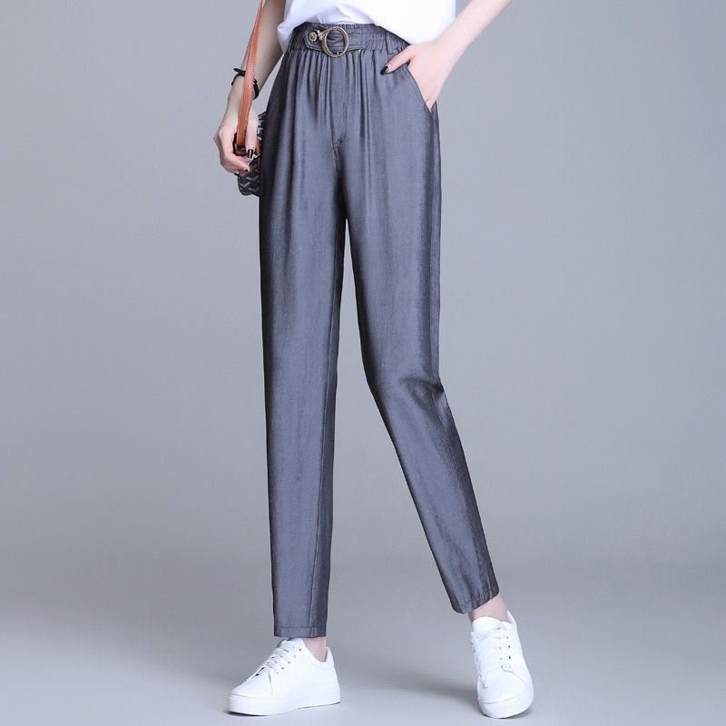 Soft Comfort Women Pants High Waist Casual Spring Slacks Pants Women Ice Silk Ankle-Length Long Trousers Female 3XL 4XL