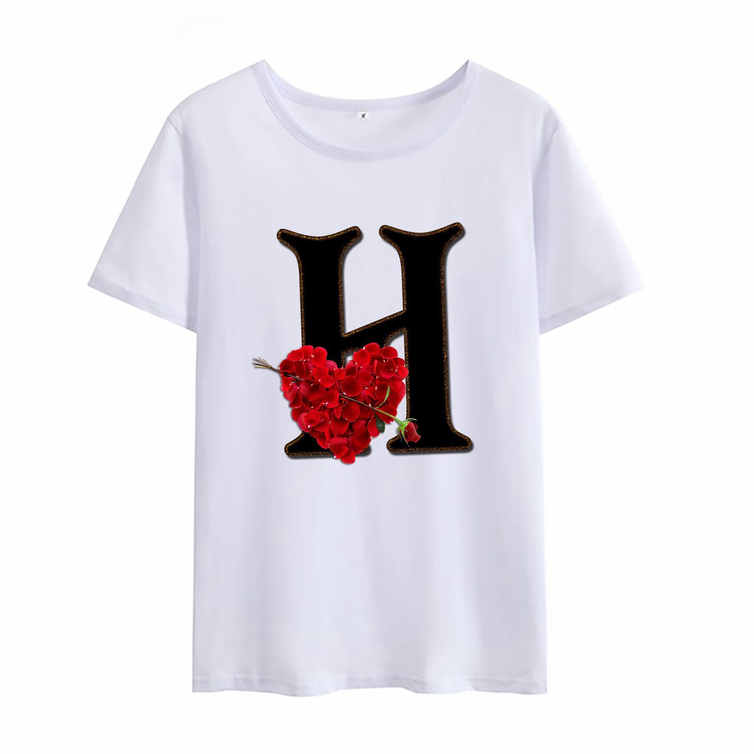 Women's T shirt Custom Name Letter Combination Printing Tshirt Flower Letter Font A B C D E F G Short Sleeve Ladies T-Shirt