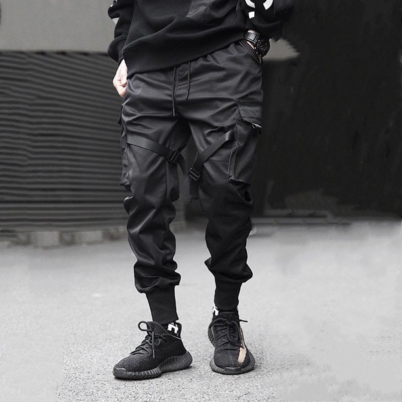 Techwear Pants-hop Jogger Men's Ribbon Men's Sports Pants Streetwear Black Harem Overalls Multi-pocket Men's Casual Pants
