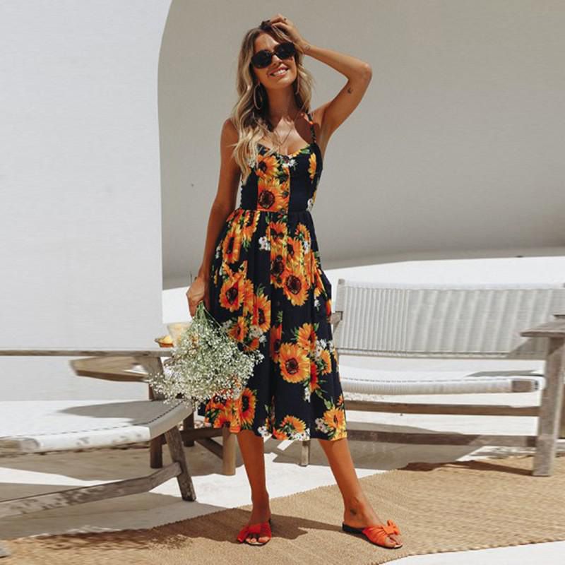 Plus Size Casual Print Summer Beach Dress 2021 Sundress  Spaghetti Strap V-Neck Button Women Midi Vestidos Red Robe Femme