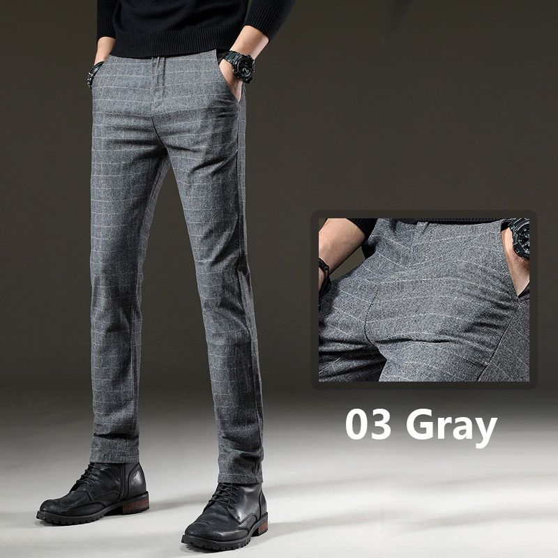 Men's Plaid Pants Casual Elastic Long Trousers Cotton Gray Black Blue Skinny Work Pant for Male Classic Clothing Jogging