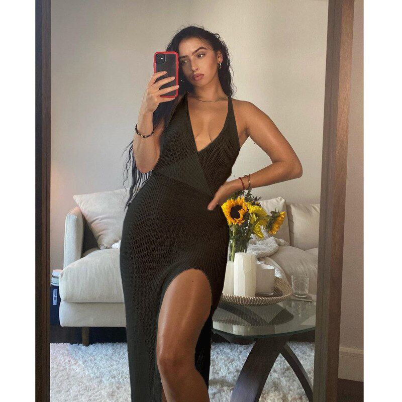 White Beach Dress Women Hollow Out Backless Cover Up Knitted Maxi Dresses Summer See Through Side Split Dress