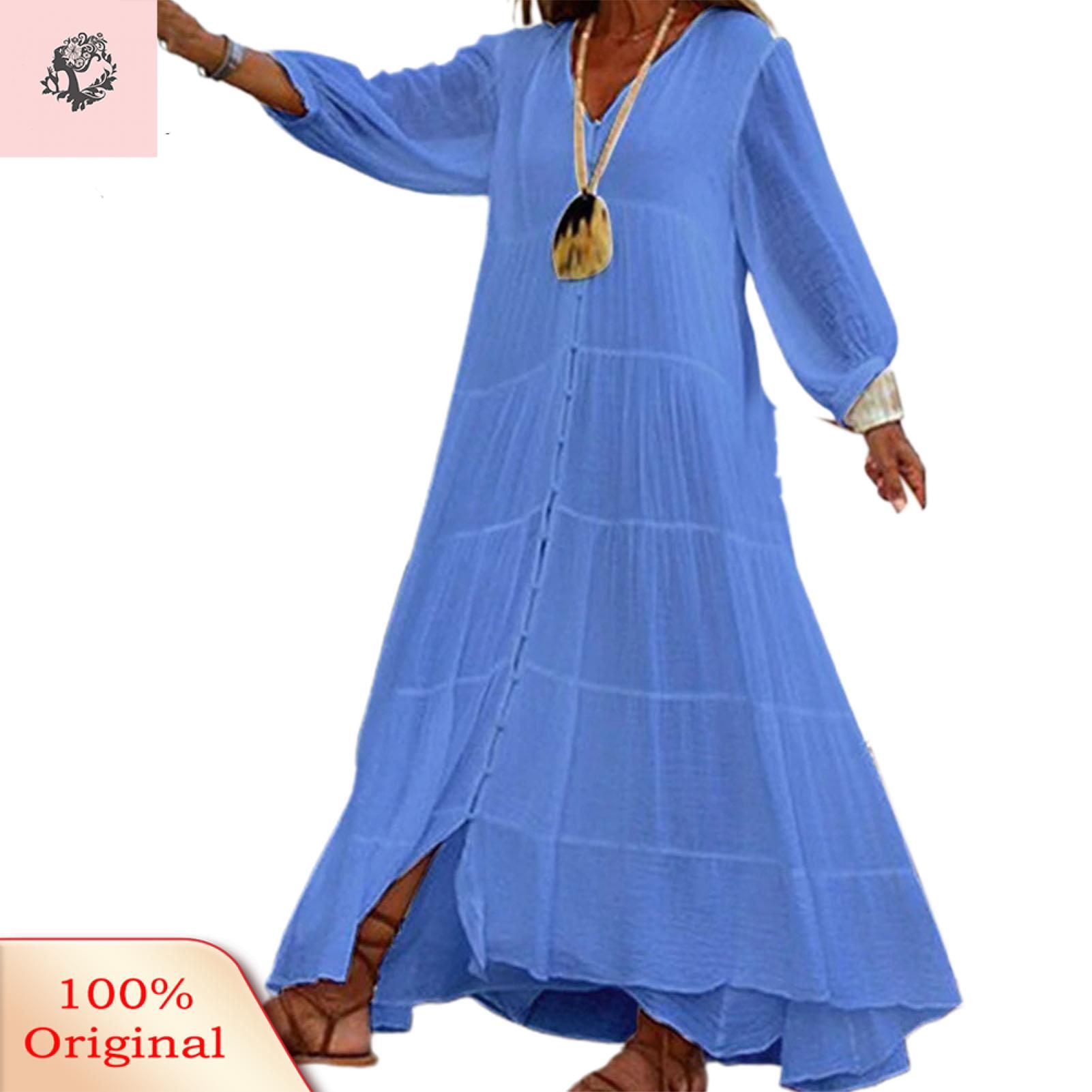 Sunnyheart Casual Dress V-neck Solid Color Single ed Maxi Dress