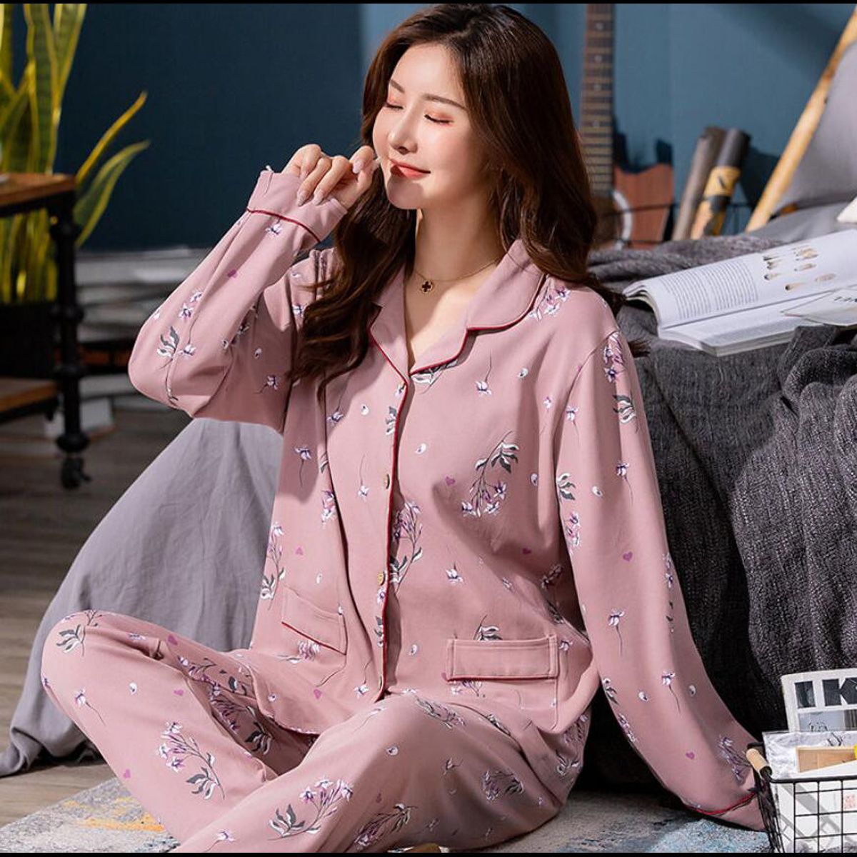 Women Pajamas Sets Cotton Sleepwear Turn-down Collar Long Sleeve Autumn Plus Size Pyjama lattice Female Casual Homewear Pijama