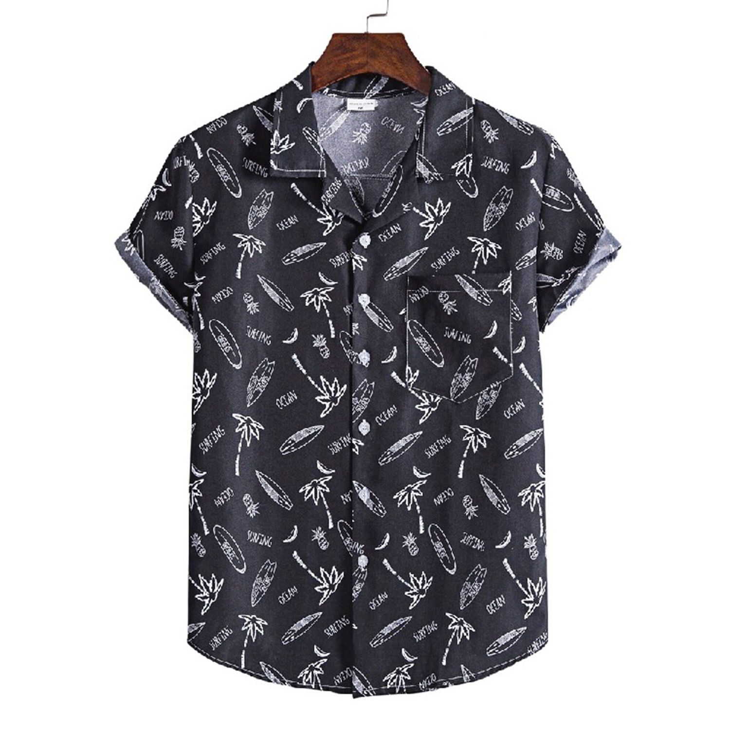 Summer Men Print Short Sleeve Turndown Collar Button T-shirt Hawaiian Shirt Beachwear