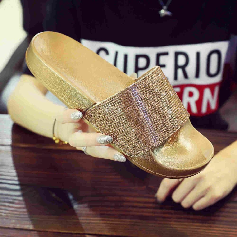 Women Flip Flops Women Slipper Female Crystal Flat Summer Shoes Rhinestone Thick Bottom Bling Beach Slides