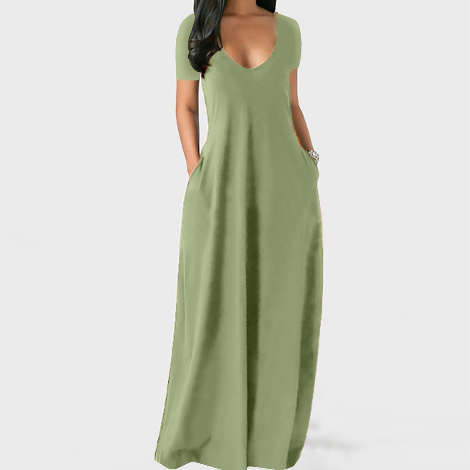 Summer Maxi Dress Women's Solid Pocket Long Dress Casual Short Sleeve Loose Sundress Female Evening Party Vestidos Plus Size 5XL