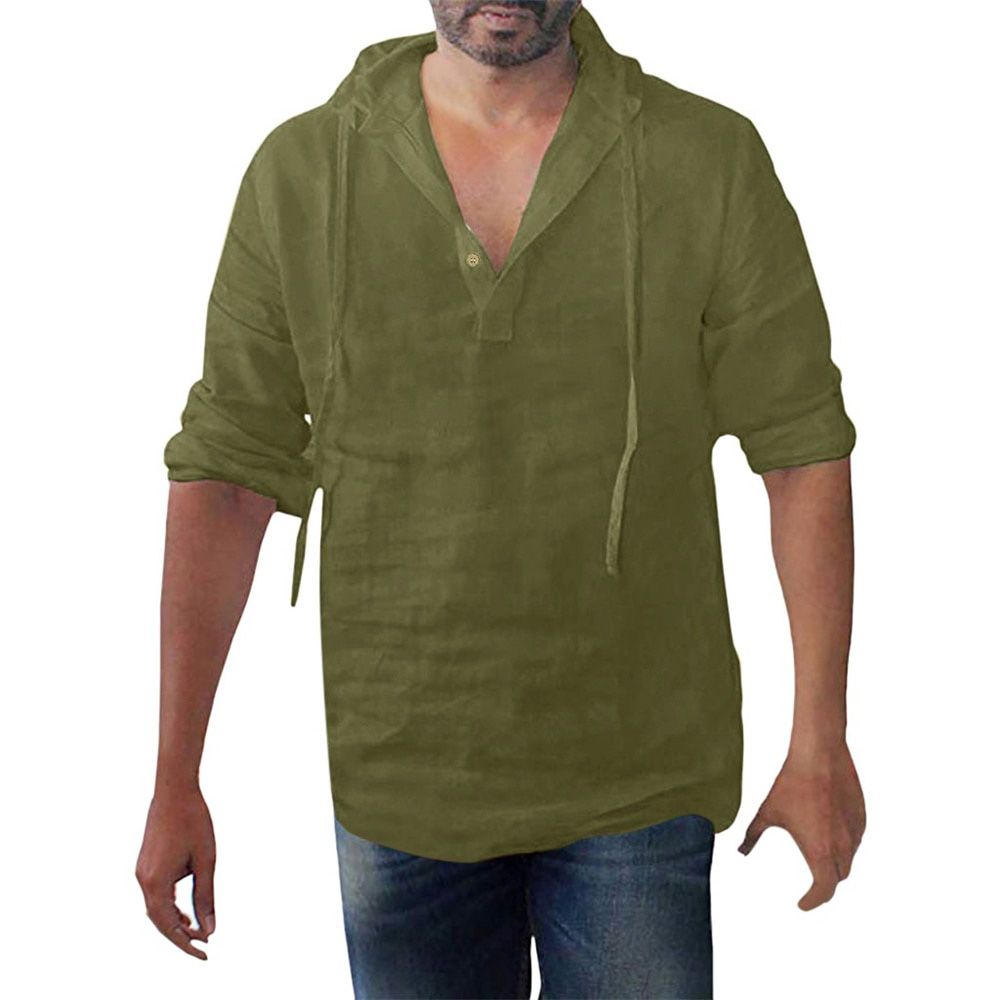 Helisopus Men's Shirt Summer Hooded Solid Color Cotton Linen Long Sleeve Blouse Tops Casual Loose Shirt  camisas para hombre