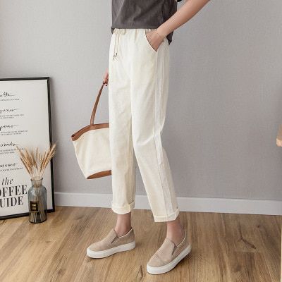 Women Pencil Pants Casual Ankle Length Trousers Autumn Summer Plus Size Solid Elastic Waist Cotton Linen Pants Black