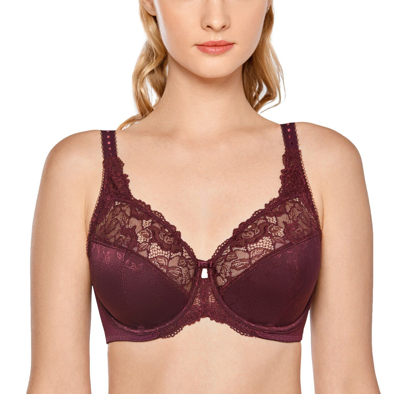 Women's Full Coverage Jacquard Non Padded Lace Sheer Underwire Plus Size Bra 34-44 DD E F G H