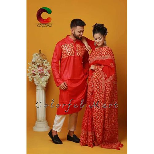 Colorful Mart Exclusive Block Print Half Silk Dhupian Saree & Slab Cotton Panjabi Combo For Couple Stylish & Fashionable Best Couple dress for man and women