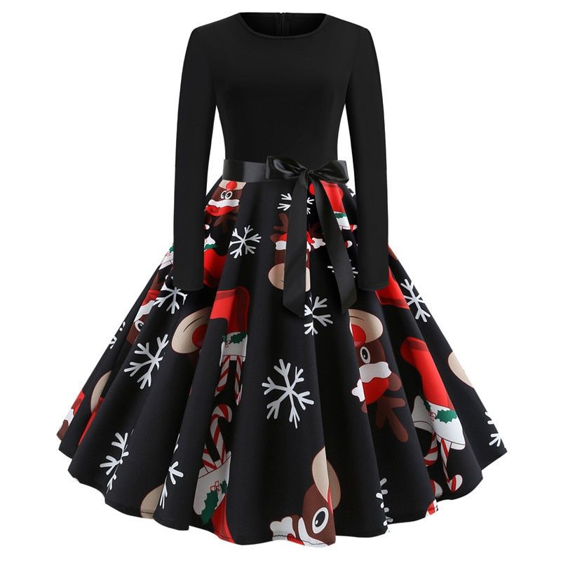 Winter ChristDresses Women Vintage Printed Robe Swing Elegant Party Dress O Neck  New Year Long Sleeve Dress Plus Size