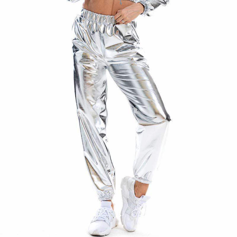 Women Shiny Holographic Pants Loose High Waist Metallic Trousers Dance Performance  Hop Pants Streetwear Joggers