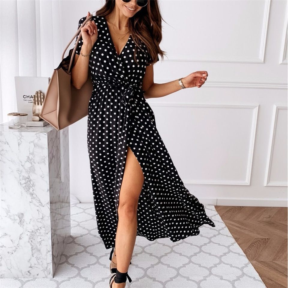 Women Dresses Summer Fashion Polka Dot Split Boho Dress V-Neck Women Casual Beach Vacation Long Dresses Vestido De Mujer