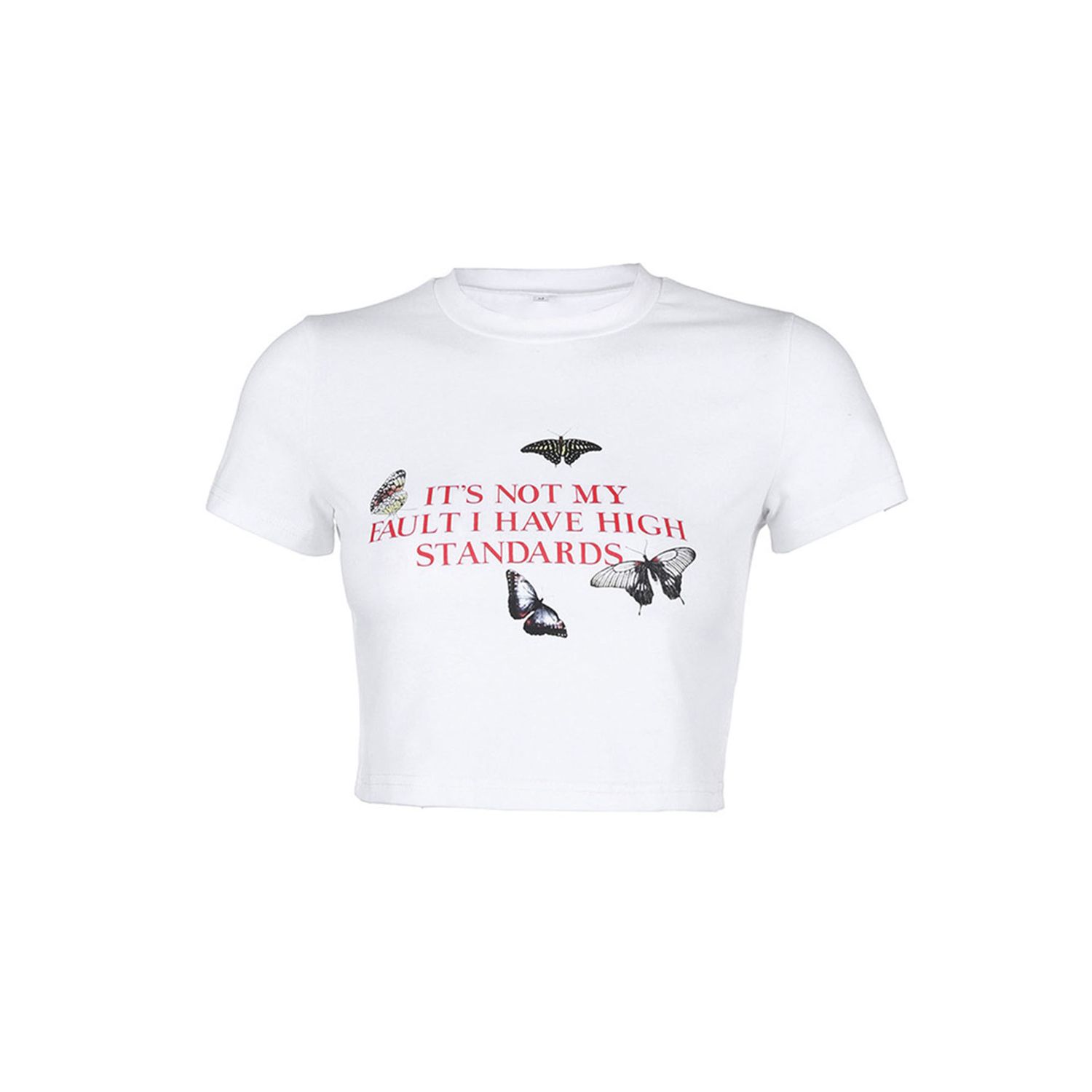 New Women Patterns Crop Tees Top Crew Neck Letter Butterfly Printed Navel Crop Top T-shirts