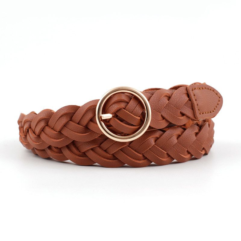 PU Leather Braided Adjustable 110cm Decorative Thin Belt Solid Color Women Belt Round Gold Buckle Knitted Casual Dress Waistband