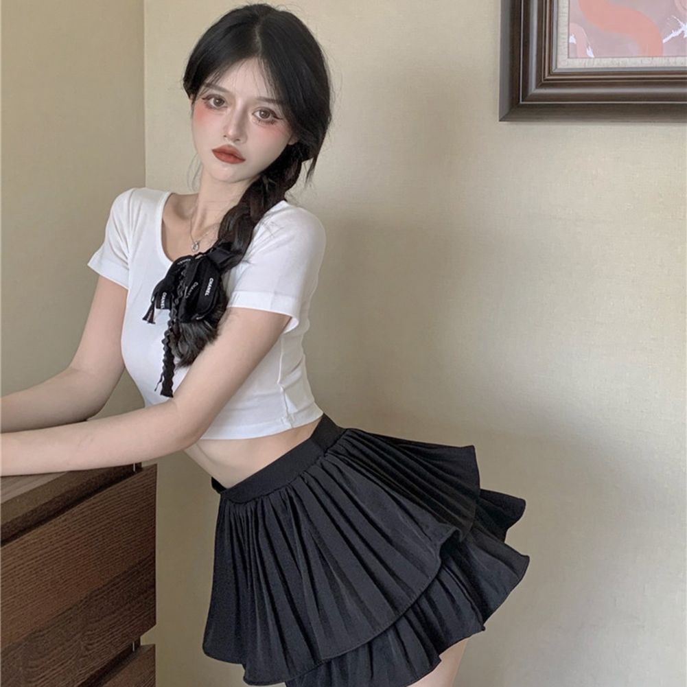 Yfashion irls Women Sweet Elastic Waist Pleated  Skirt A-line High Wasit ni Short Skirt color