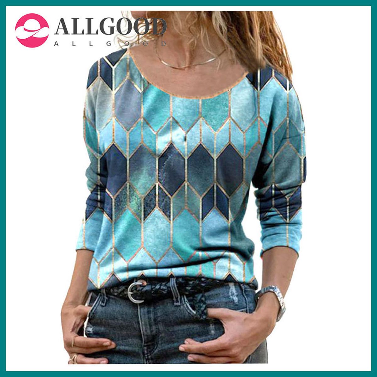 Fashion Geometric patterns Women T shirt  New Spring Tops  O-Neck Print Casual Tshirt Loose Long Sleeve Female Tee