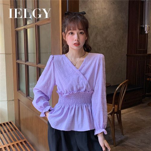 IELGY new design niche self-cultivation ruffled blouse waist long sleeve shirt women