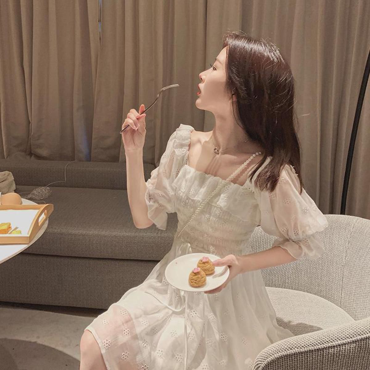 French Summer Dress Women White Puff Sleeve Korean Style Fairy Dress Lace Chiffon Japan Style Kawaii Elegmant Vintagme Dress