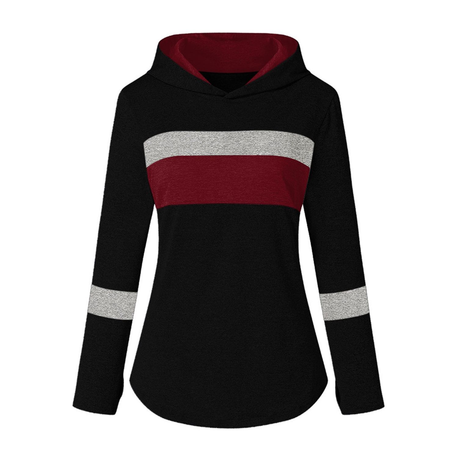 2021 Women Color Block Hooded Sweatshirts, Hooded Neck Long Sleeve Stripe Color Matching Tunics Hoodies O