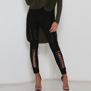 Autumn Women Lace Up Faux Suede Stretch Bodycon Pencil Pants Hollow Out Winter Female High Waist Bandage Pants
