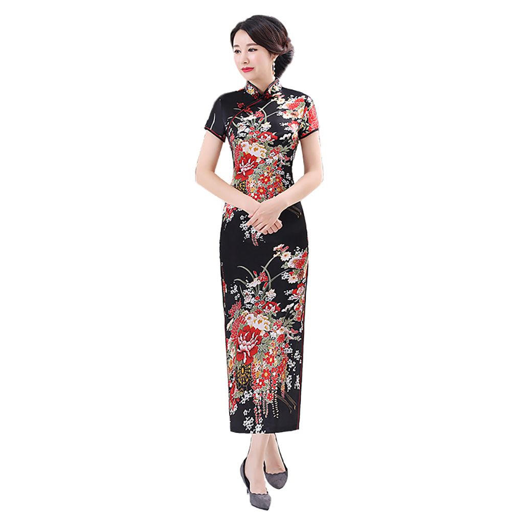 Women Chinese Short Sleeve Brocade Cheongsam Banquet Midi Dress