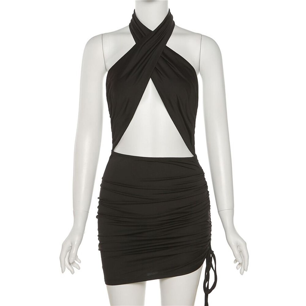 Sisterlinda Women  Hollow Bandage Cross Halter Dress Fashion Slim Sleeveless Clothing Street Lady Trend Mini Dresses 2021New