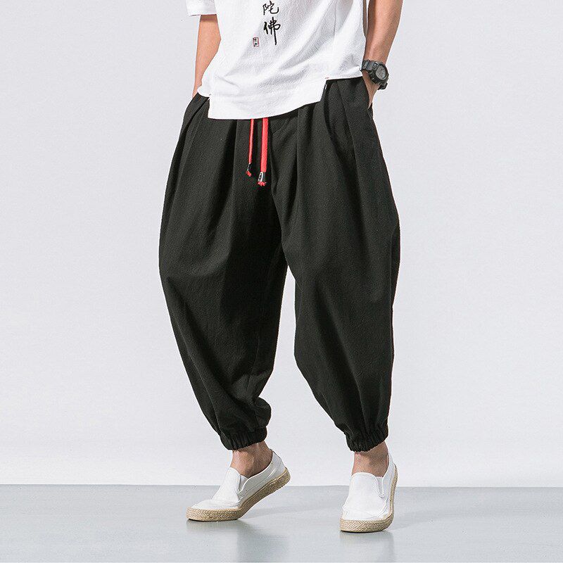 Fashion New Men's Lace-up Street Pants Straight Trousers Drawstring Loose Solid Color Casual Trousers Linen Trousers