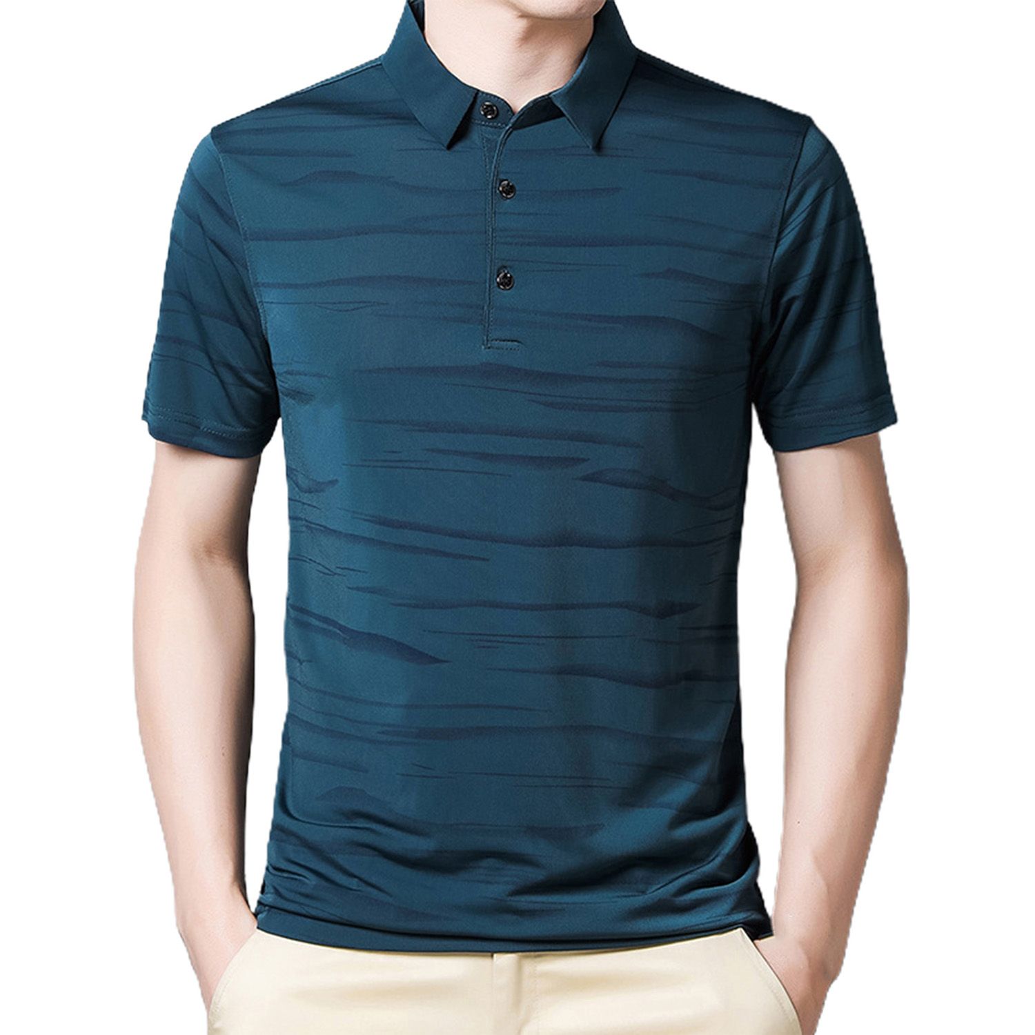 T-shirt Turn Down Collar Striped Summer Men Short Sleeve Thin Shirt Top for Work