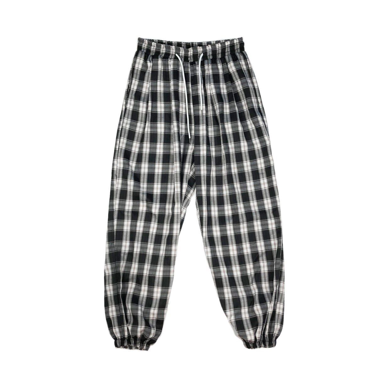 Summer Korean Plaid Pants Men's Fashion Retro Drawstring Casual Pants Men Streetwear Loose Hip Hop Straight Pants Men Trousers