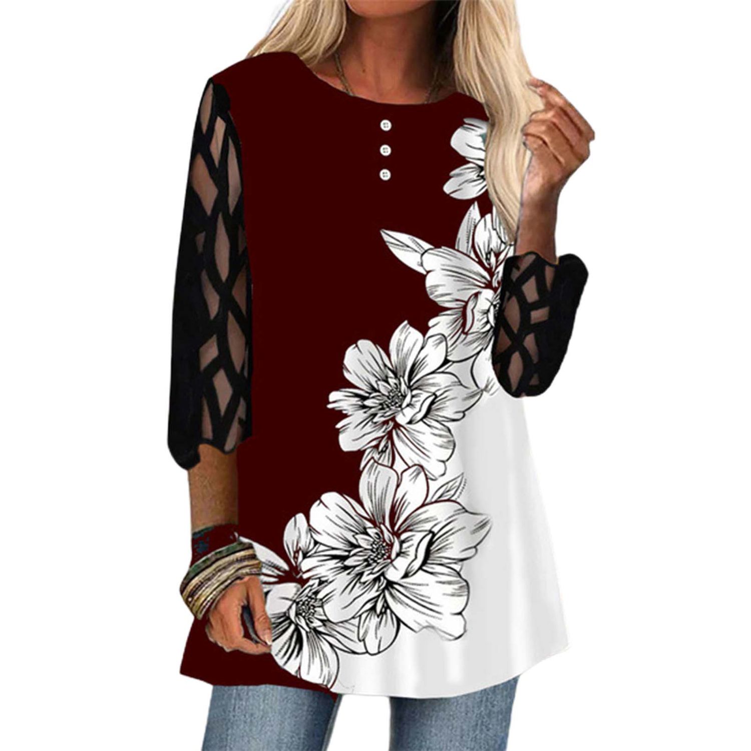 Lady Shirt Three-quarter Sleeve Flower Printed Crewneck Women Blouse