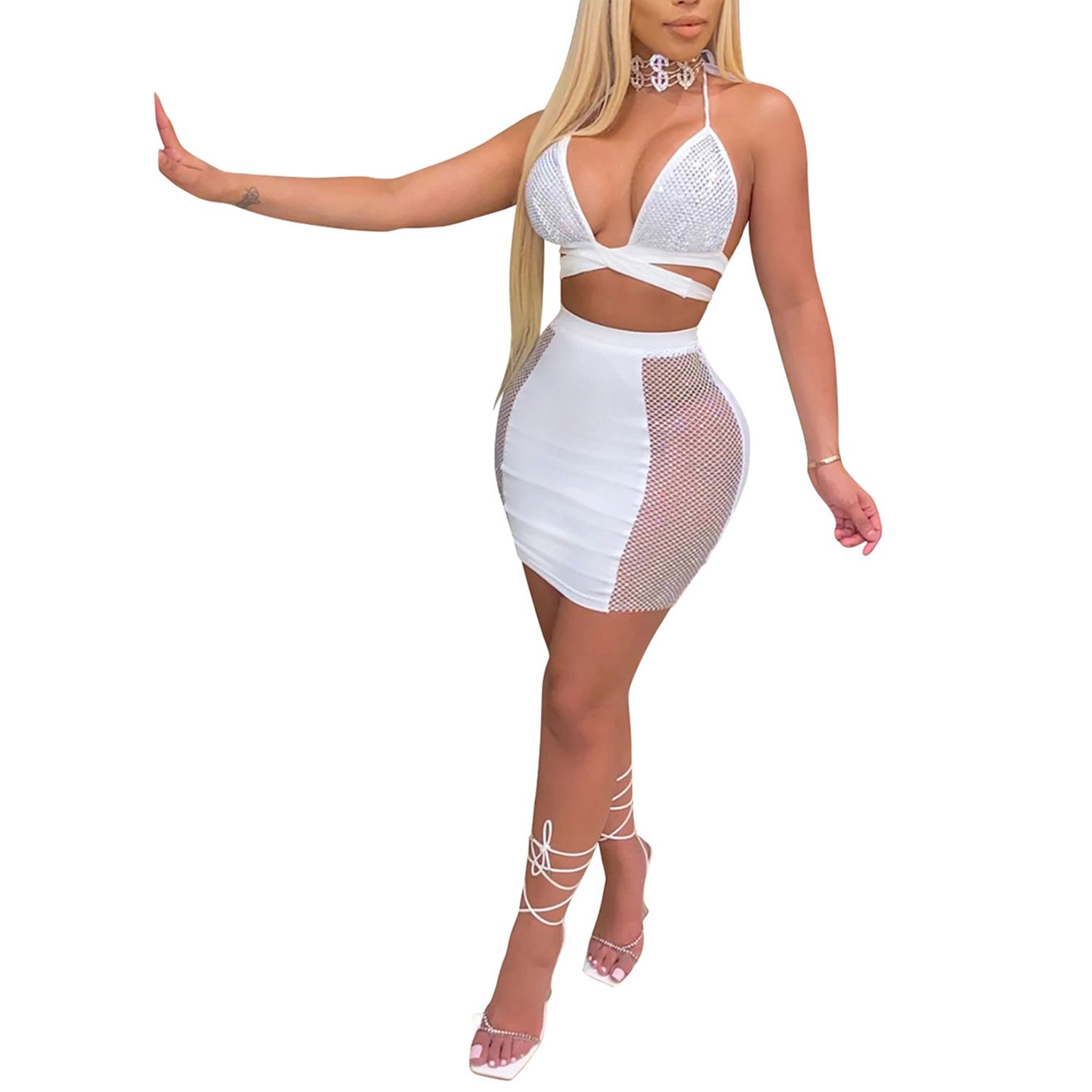 Women Sexyy Hot Diamond Two Piece Clubwear, Halter Neck Back Cross Tie Up Crop Top + Bodycon Skirts