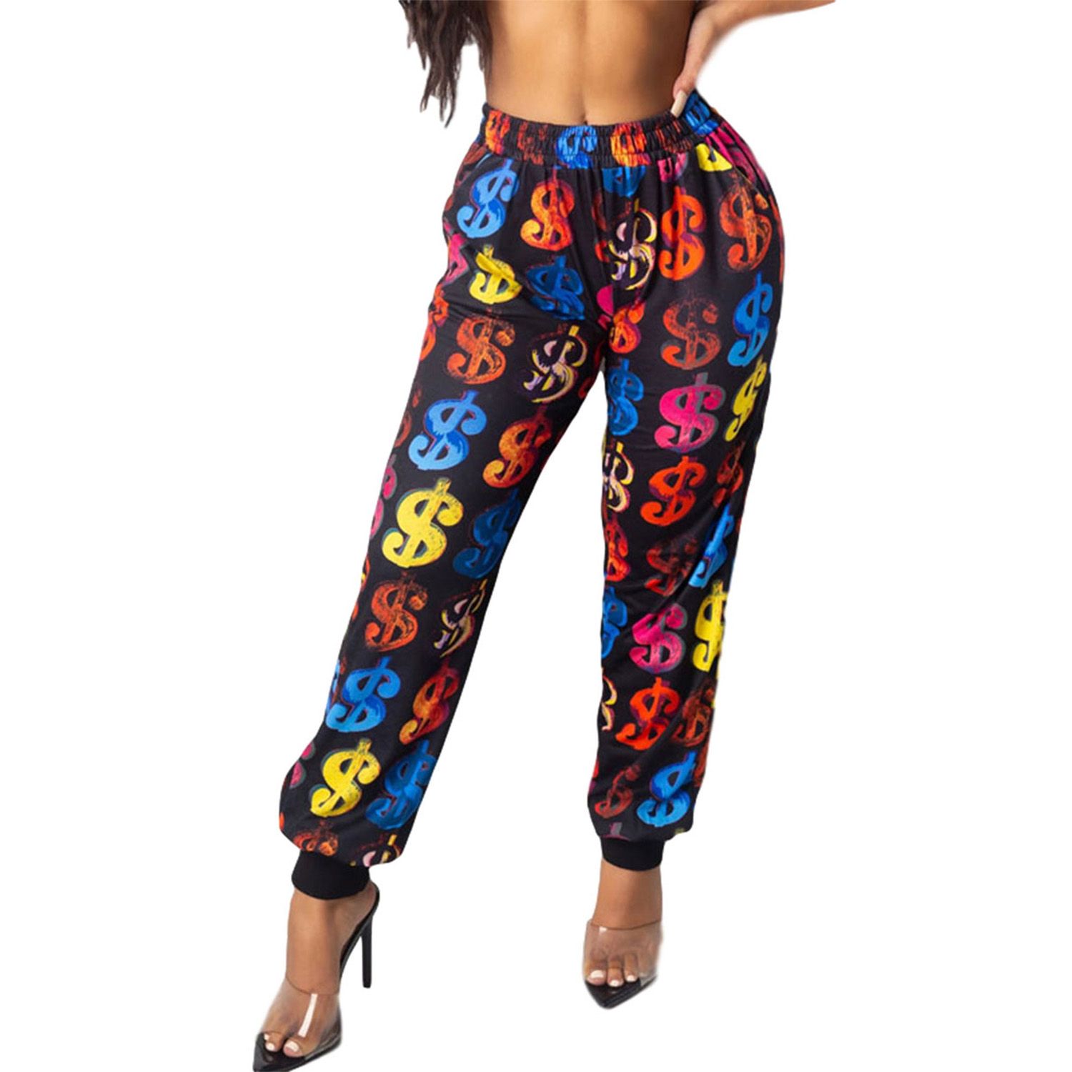 2021 New Women’s Korean Casual Trousers Personality Dollar Sign Print Elastic High Waist Beam Feet Pants