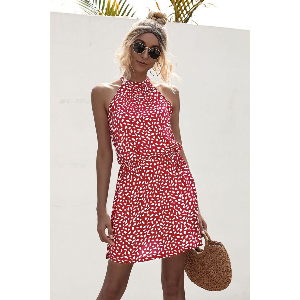 High Street Summer Halter Floral Print mini Dress vintage sleeveless dress beach Casual party short Dress for Women