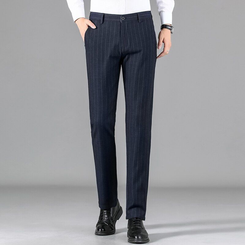 Winter Men's Warm Casual Pants Business Fashion Fleece Thick stripe Trousers Office Stretch Pants Male Brand Clothing