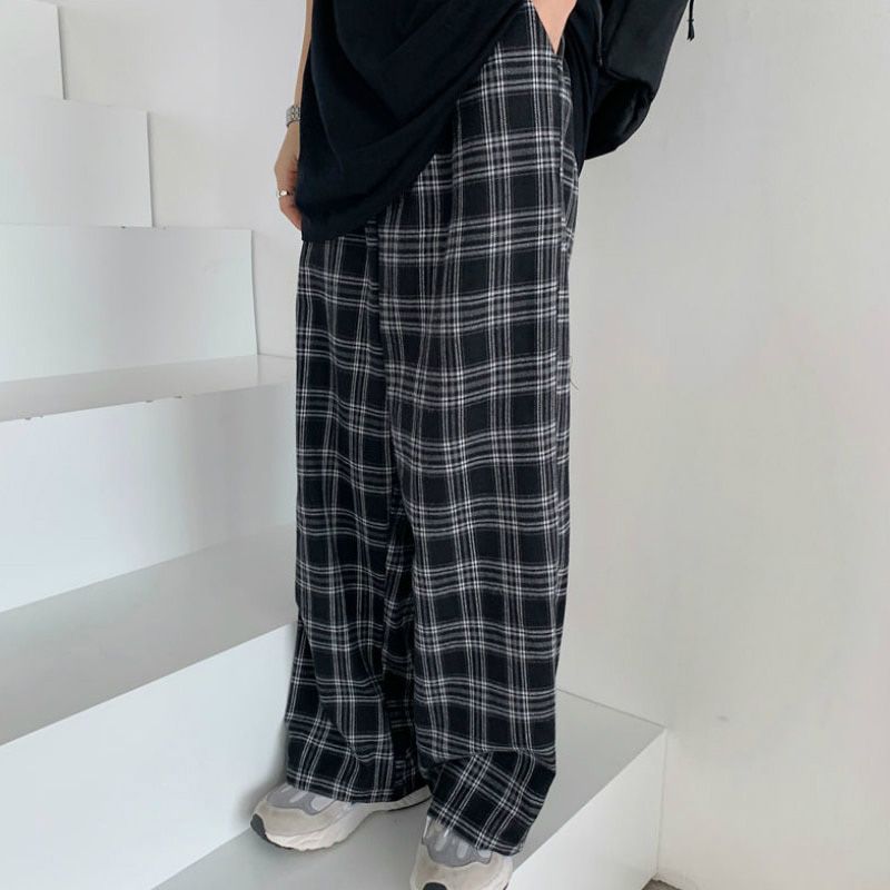 Black Women Plaid Pants Casual Oversize Loose Wide Leg Trouser Retro Teens Plus Size -hop All-match Streetwear