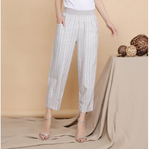 Lady Elastic Waist Loose Casual Pants Summer Women Linen Harem Pants Plus Size 4XL Pocket Thin Female Trousers